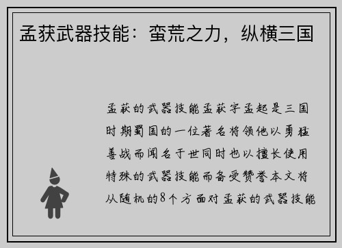 孟获武器技能：蛮荒之力，纵横三国